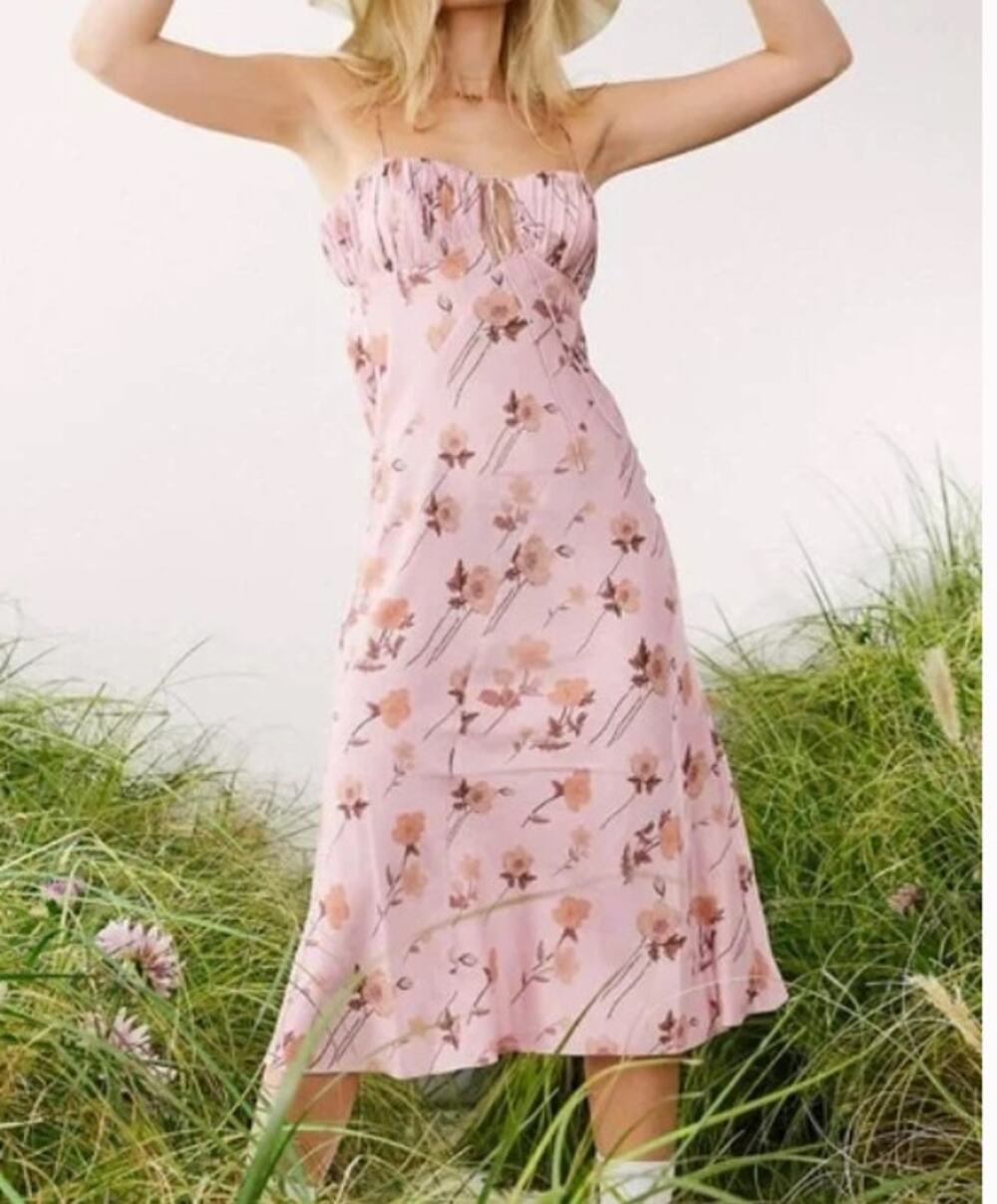 ASOS Design Satin Pleated Bust Coquette Slip Midi Dress Size 8 Pink Floral Fairy